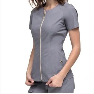 Jaanuu Biker Peplum Graphite Scrub Top Gold Zipper size small